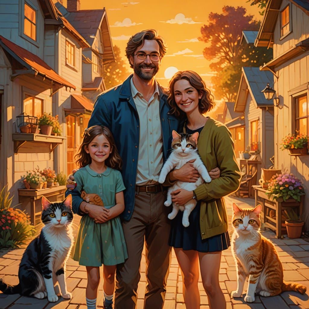 Joyful Family Portrait with Cats in Vibrant Oil Painting