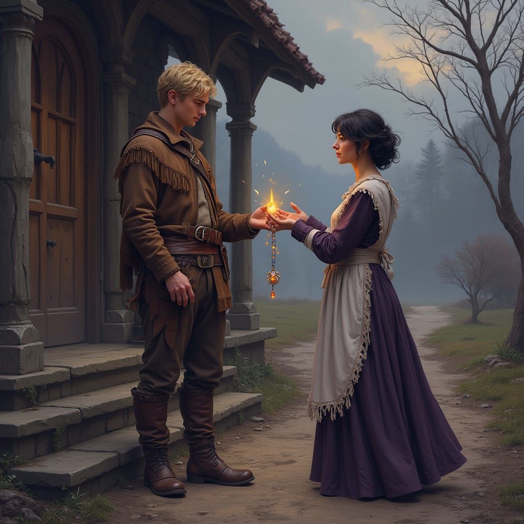 Young Hunter Presents Crystal Necklace to Enchanting Woman i...