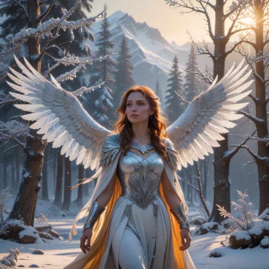 Girl with Icy Wings Soars Over Snowy Landscape with Majestic...