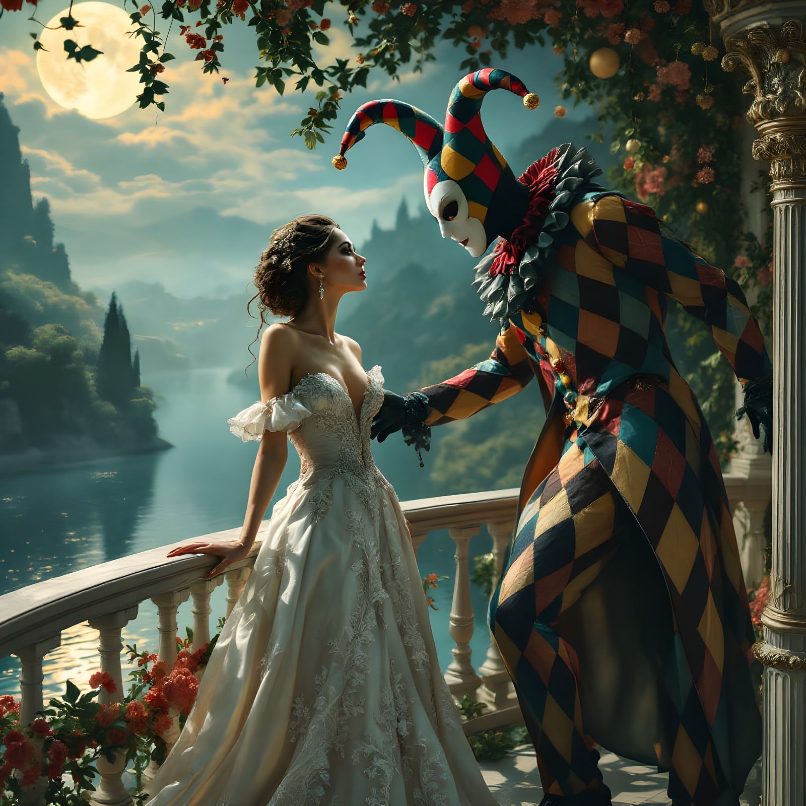 Moonlit Italian Lake Balcony Scene with Harlequin Intruder