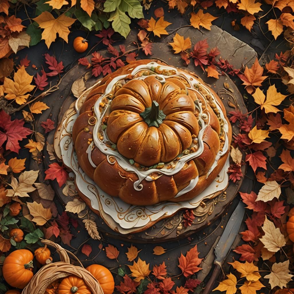 Pumpkin Bread Surrounded by Autumn Foliage