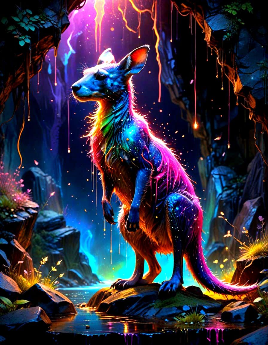 Ethereal Dreamscapes: Glowing Kangaroo in Neon Paradise