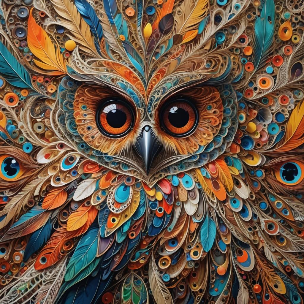 Psychedelic Eye Painting with Feathers in Abstract Style