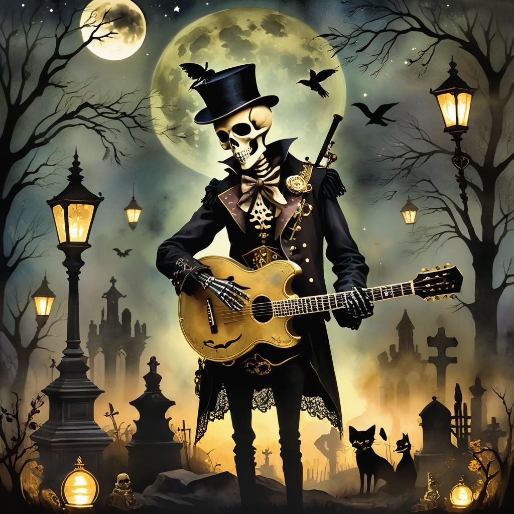 Steampunk Skeleton Guitarist in Haunted Cemetery