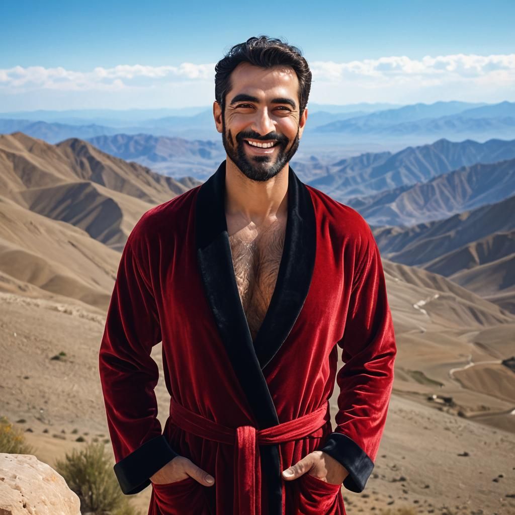 Joyful Iranian Man in Red Velvet Bathrobe