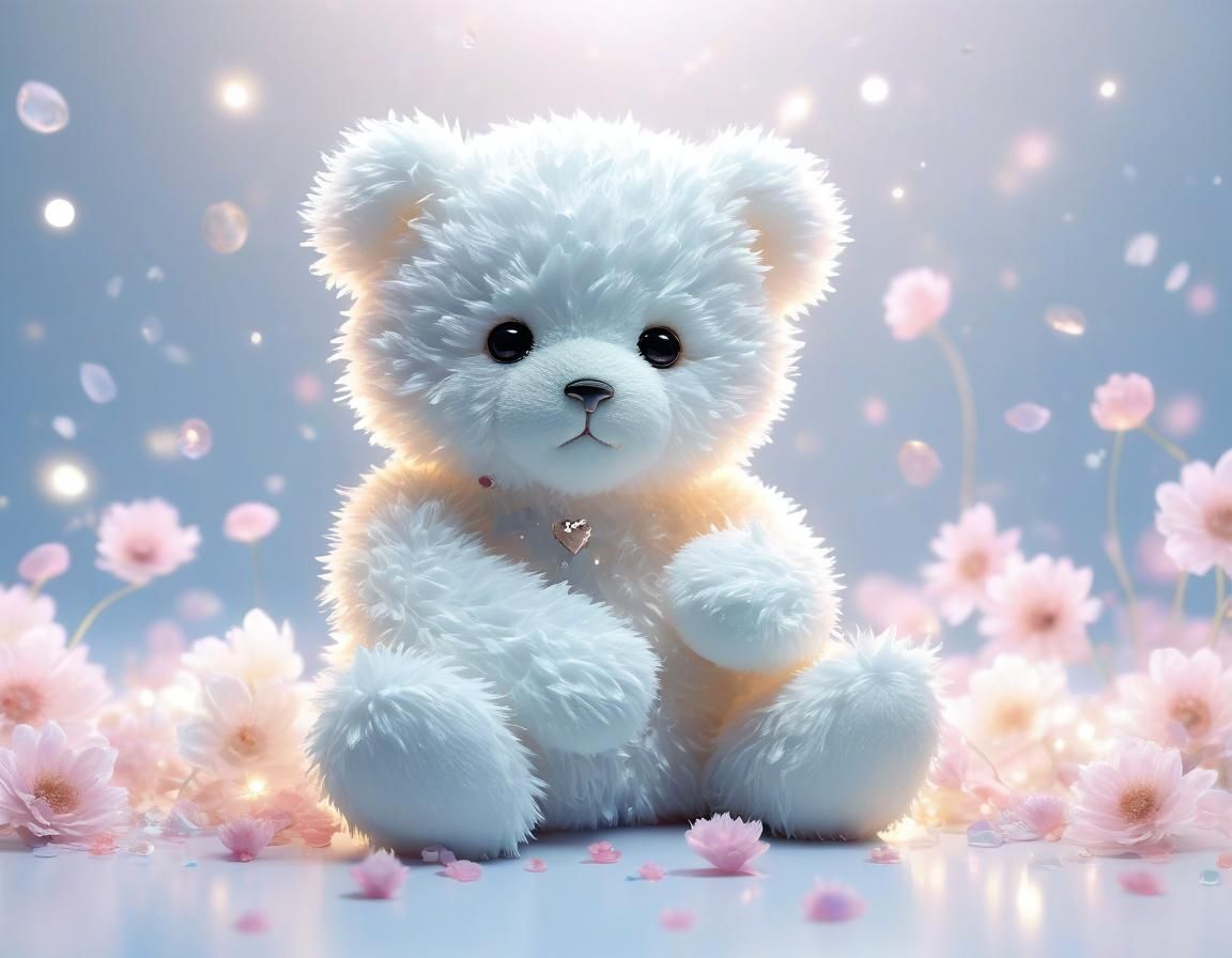 Ethereal Floral Art: Teddy Bear and Kitten