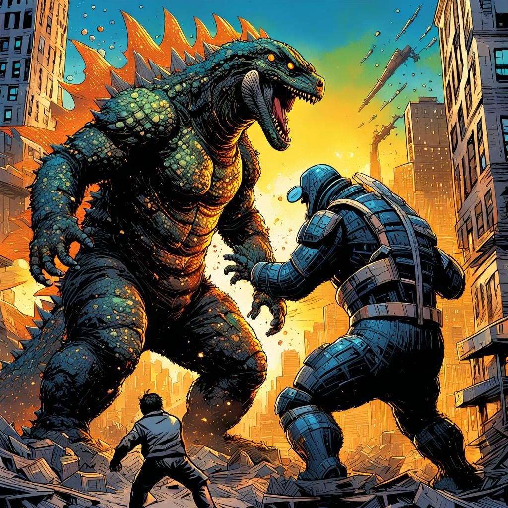 Godzilla and Pinocchio Clash: Comic Book Style