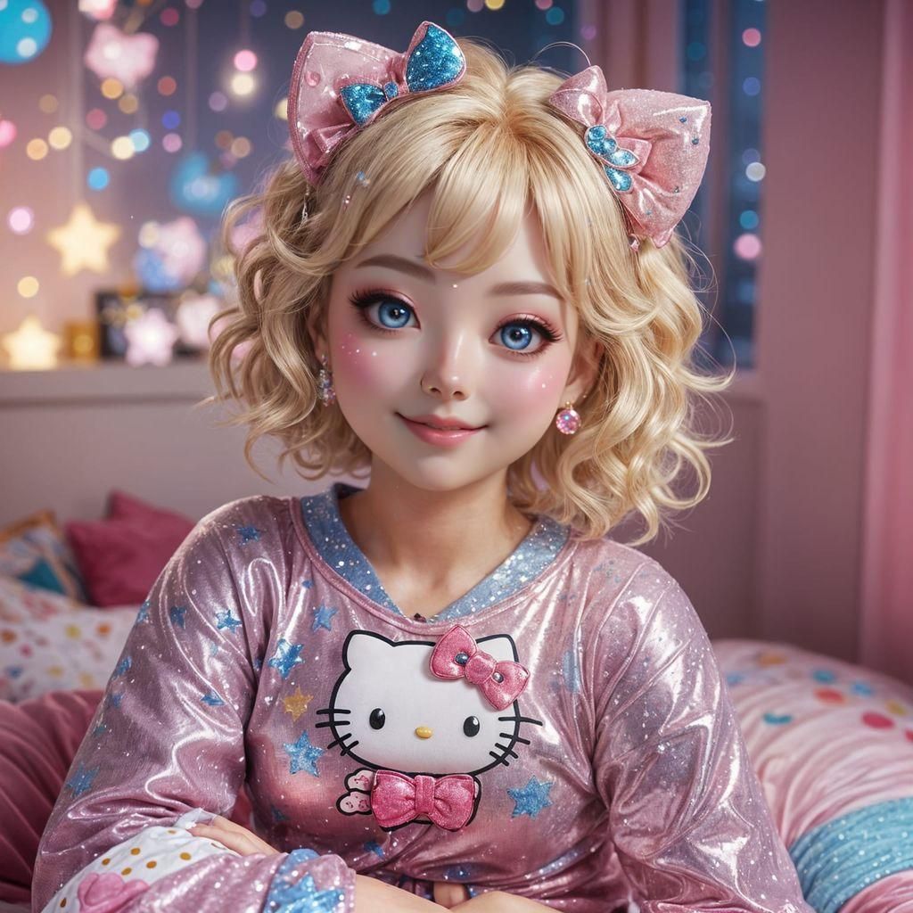Sparkly Anime Girl in Hello Kitty Pajamas