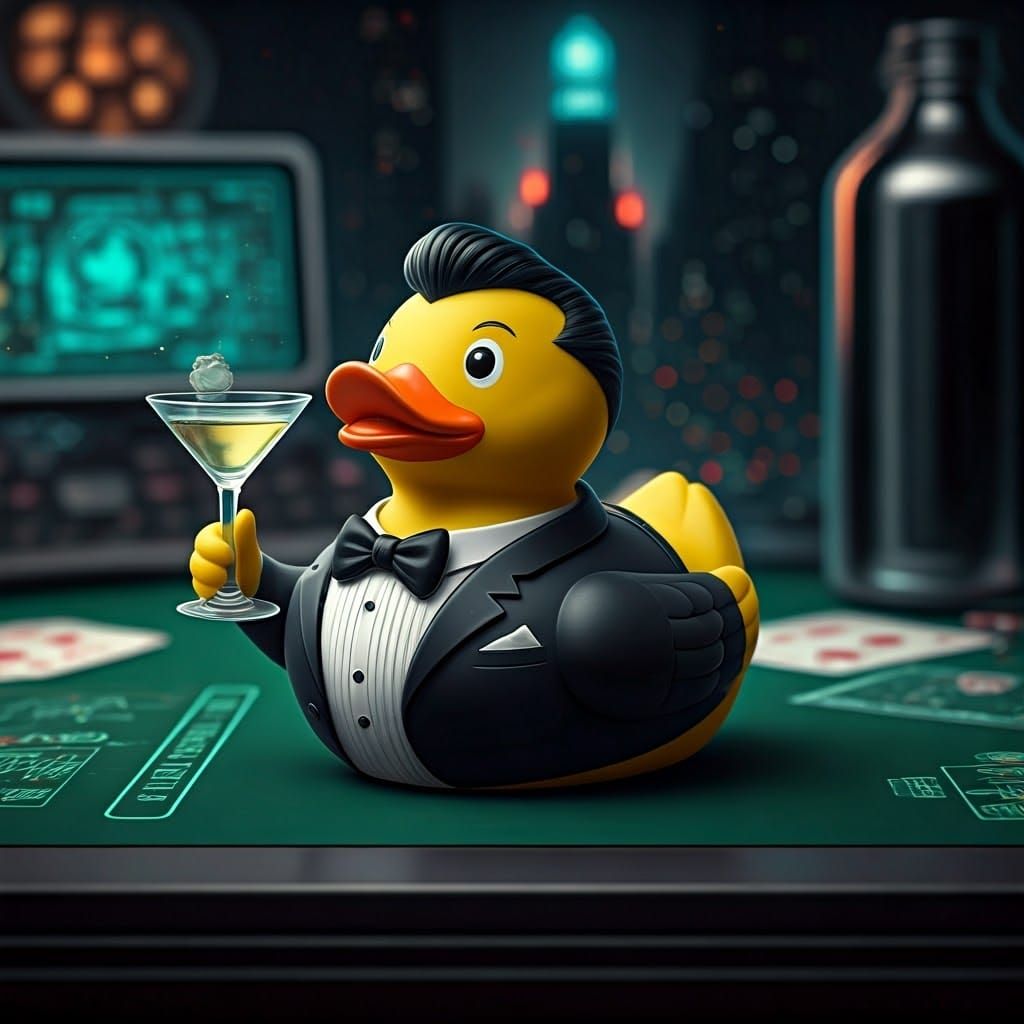 Dapper Rubber Duck in Futuristic Poker Game