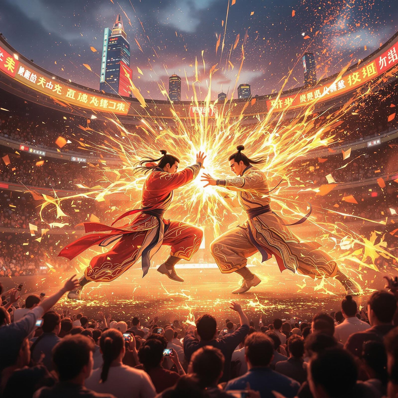 Cyberpunk Warriors Clash in Neon-Lit Stadium Spectacle