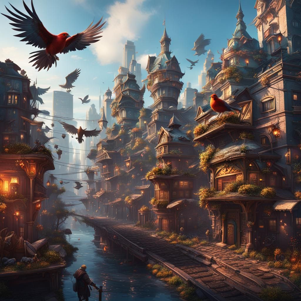Bird Business in a Fantastical Cityscape