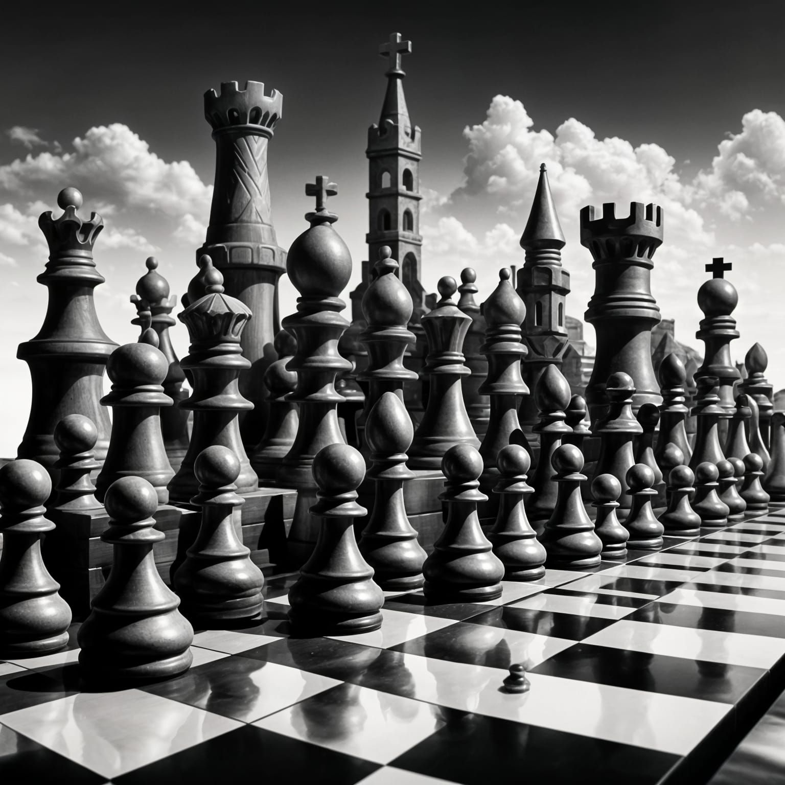 Dramatic Chessboard Perspective with Chess Pieces