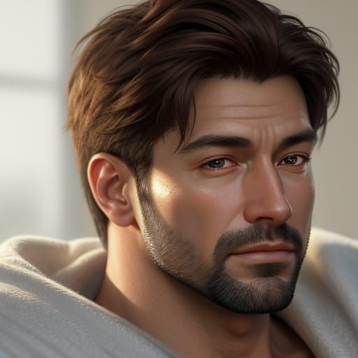 Muscle Man in Bed: Hyper-Realistic Oil Painting