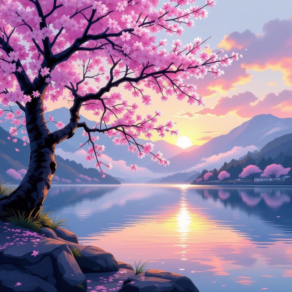 Cherry Blossom Tree on Misty Mountain in Digital Art