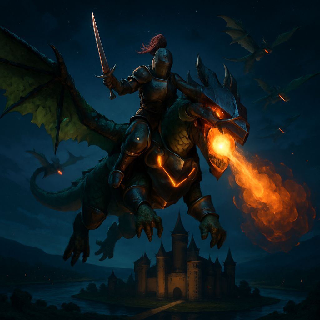 Knight Riding Fiery Dragon in Nighttime Castle Battle