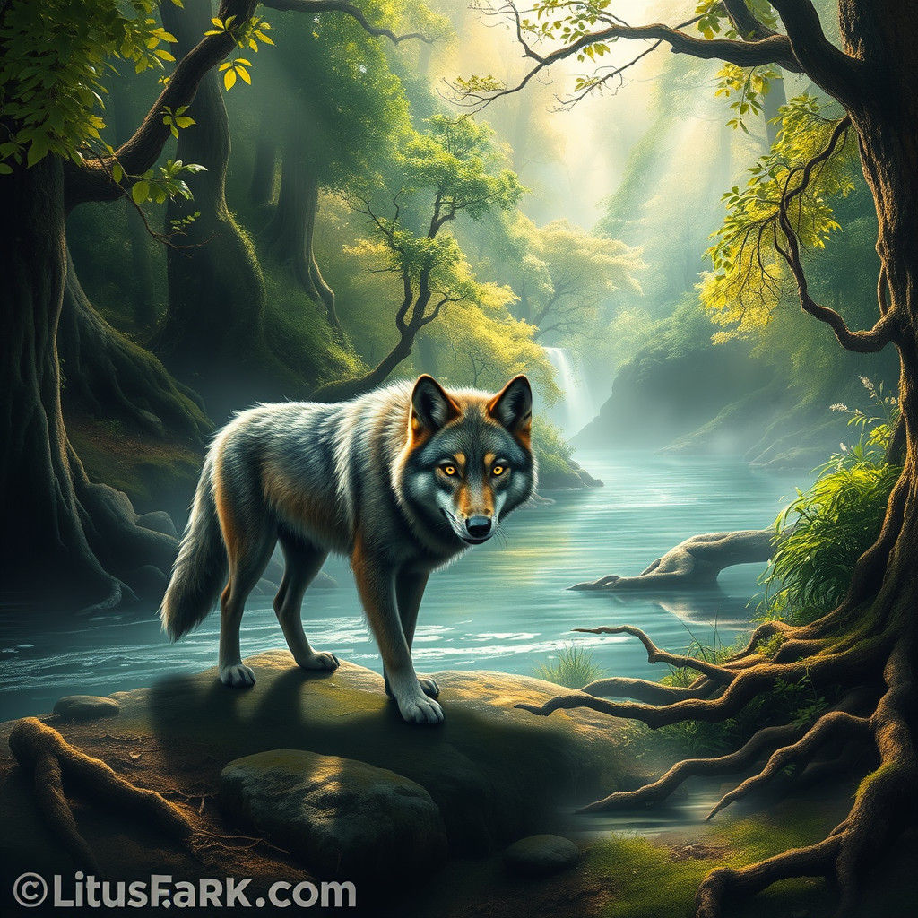 Wolf Wanders Forest River in Dreamlike Fantasy Art