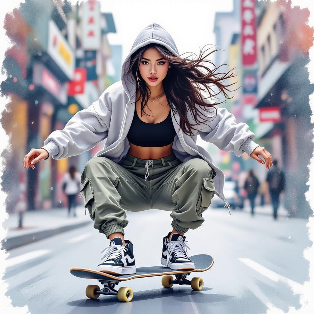 Asian Supermodel Rides Skateboard in Dynamic Urban Pose