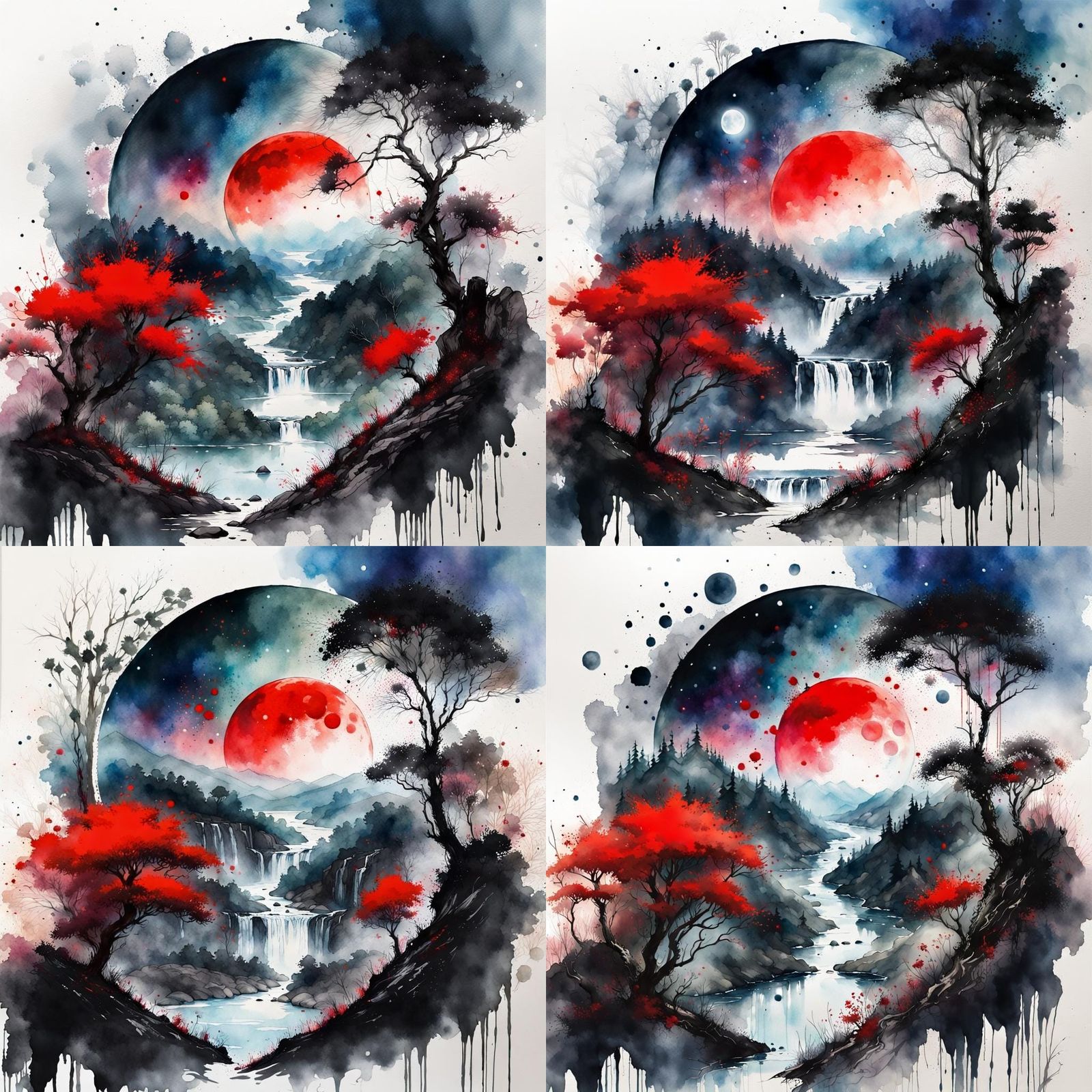 Lush Moonlit Landscape in Watercolor Ink Splatter Art