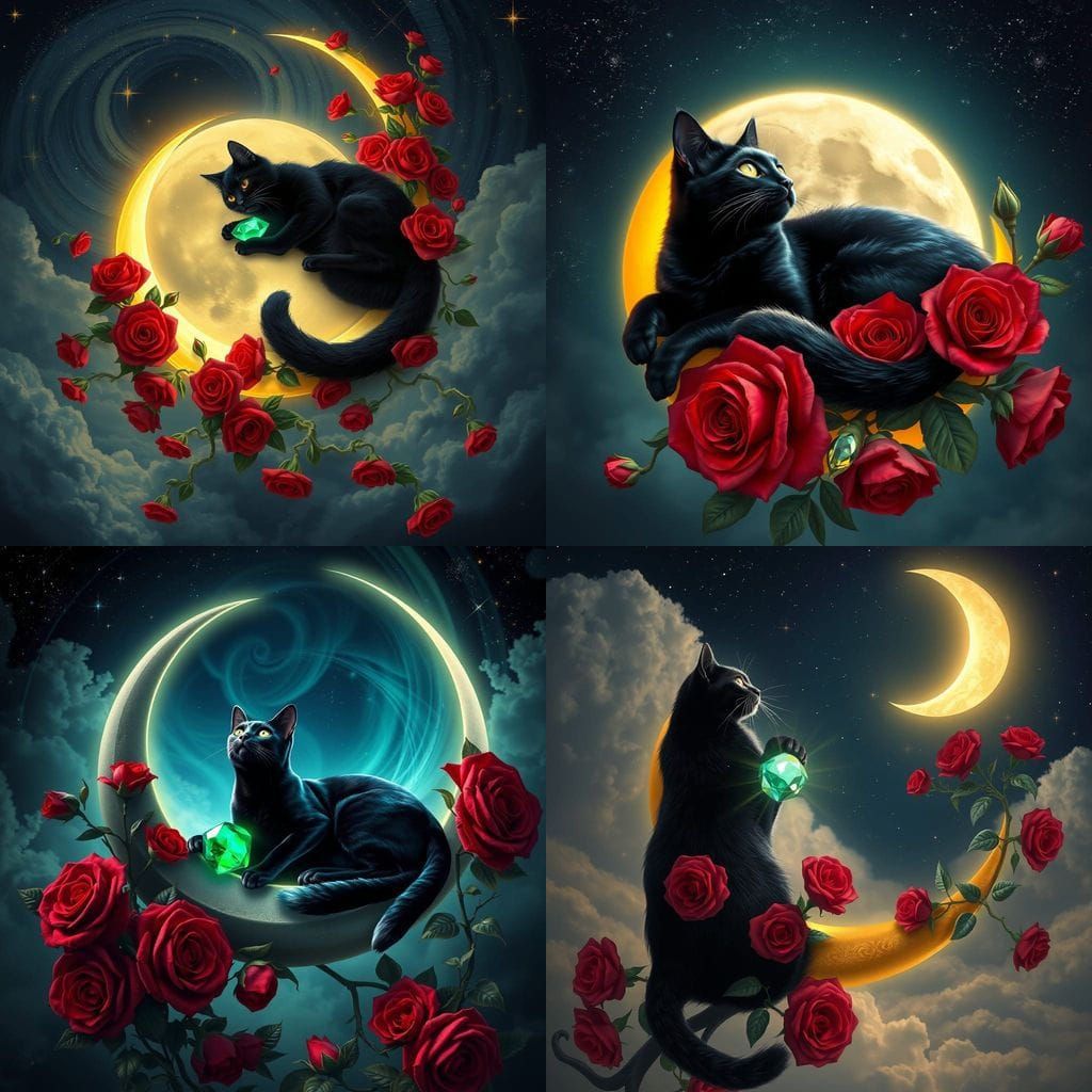 Whimsical Black Cat on Crescent Moon Amidst a Celestial Gard...