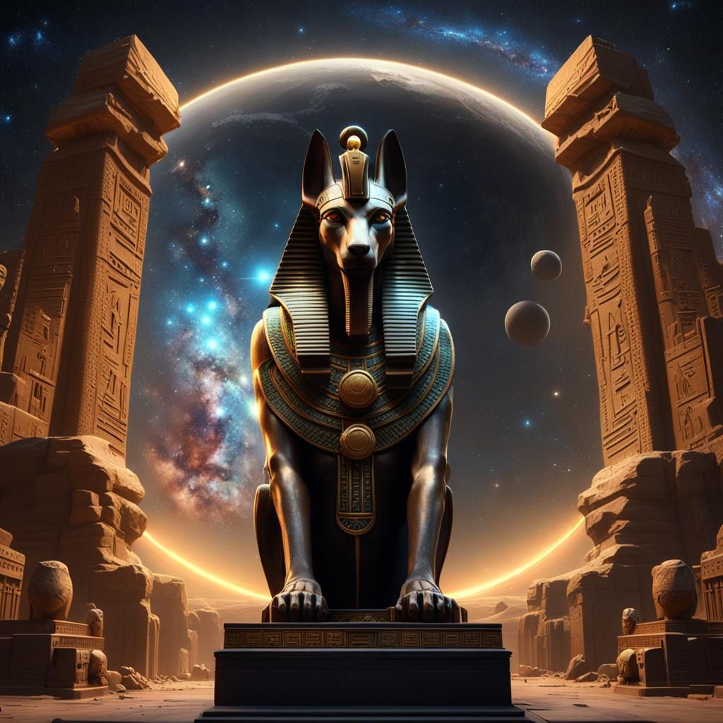 Anubis Statue in Space: Dark Fantasy Concept Art