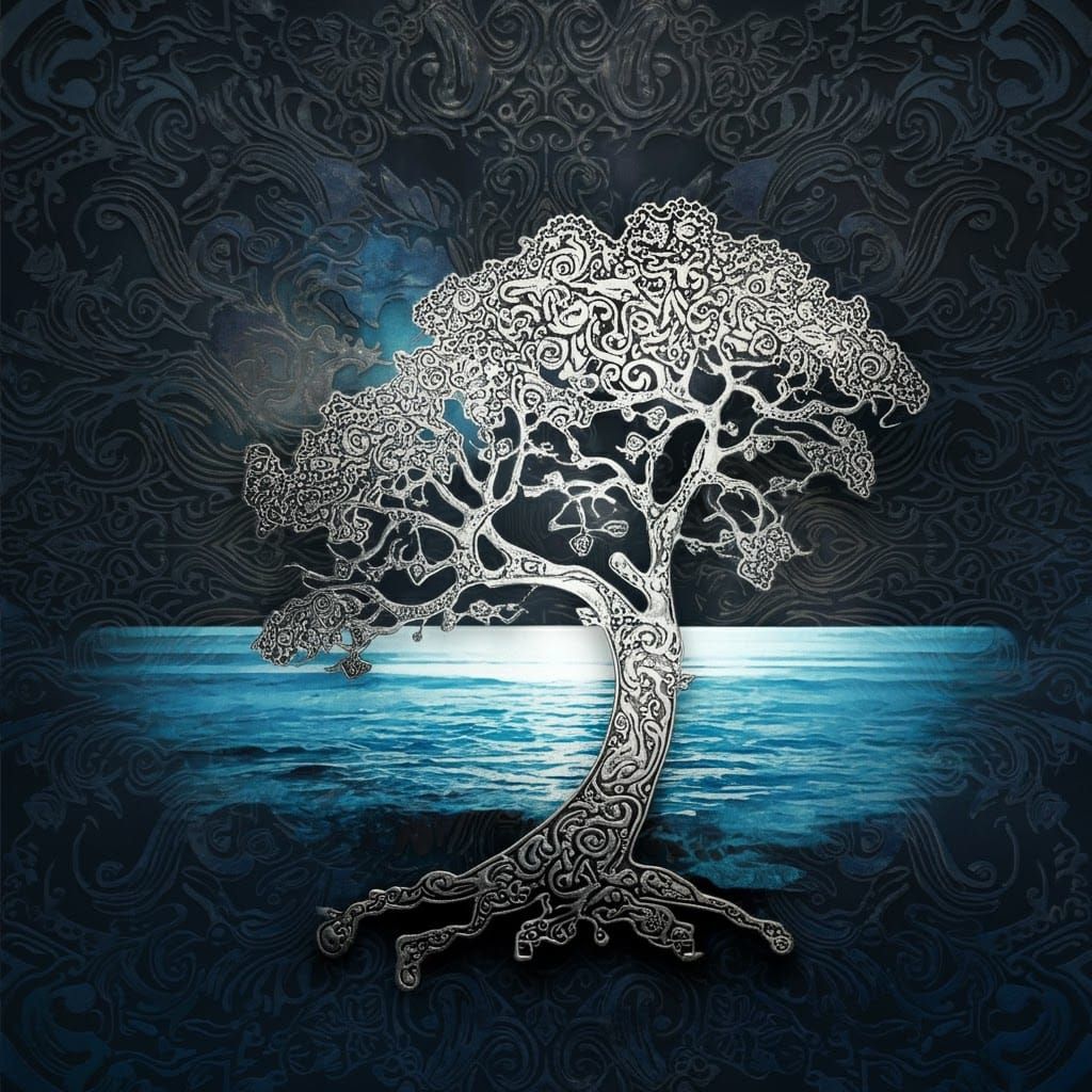Melting Metal Ash Tree Silhouette in Japanese Art Style