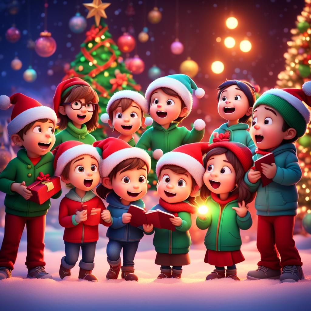 Happy Kids Singing Christmas Carols: Pixar Style