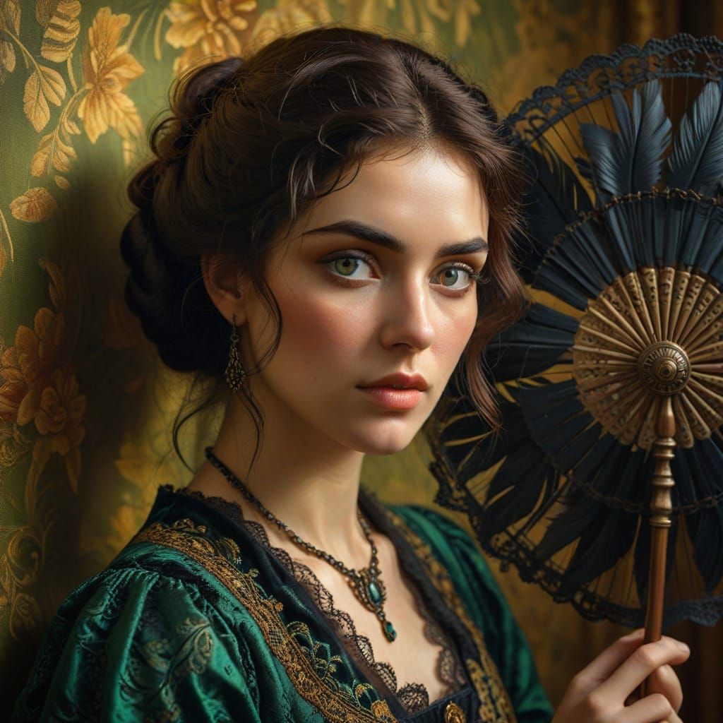 Victorian Woman with Fan in Pre-Raphaelite Style