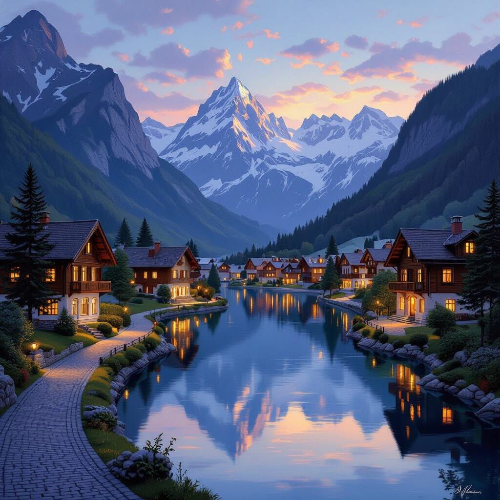 Crystalline Swiss Alps Valley at Twilight