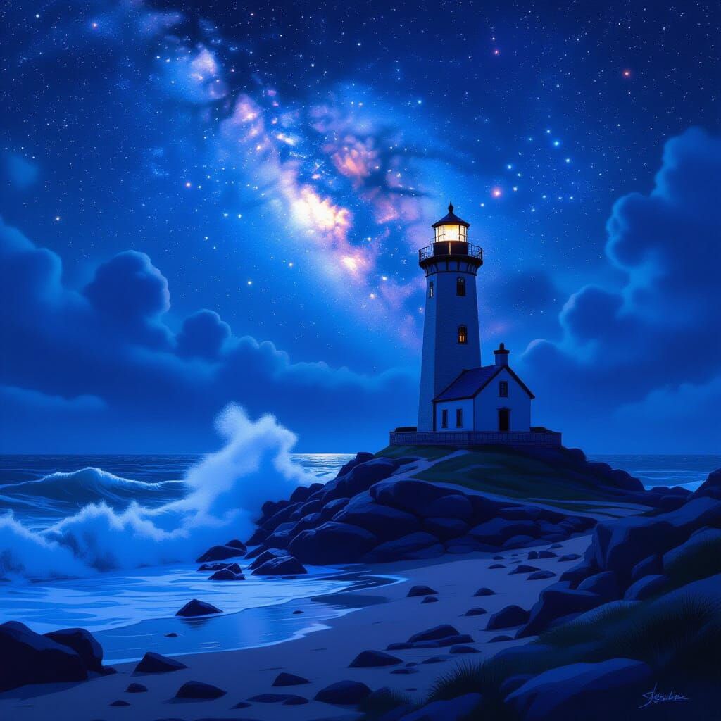 Cosmic Lighthouse at Night: Mystical Realism