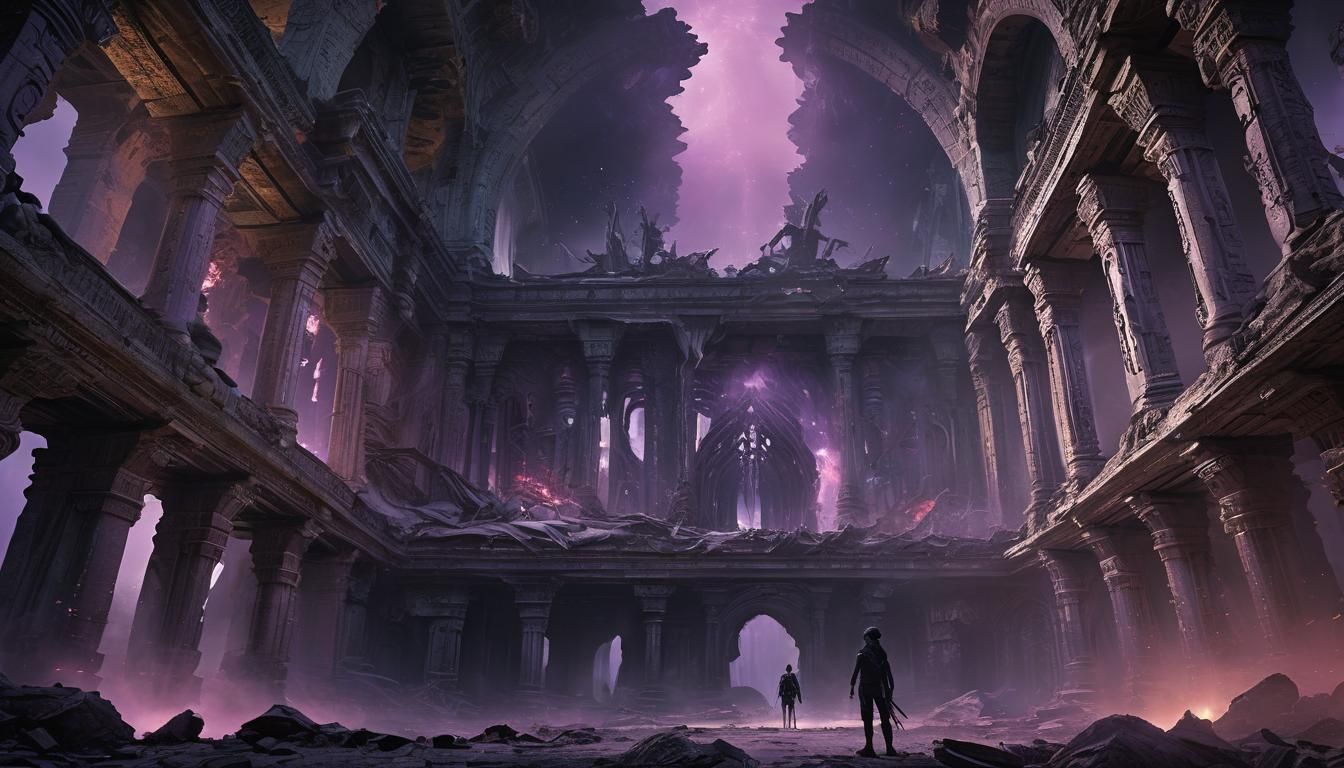 Otherworldly Figure in Alien Ruins: Maximalist Digital Art