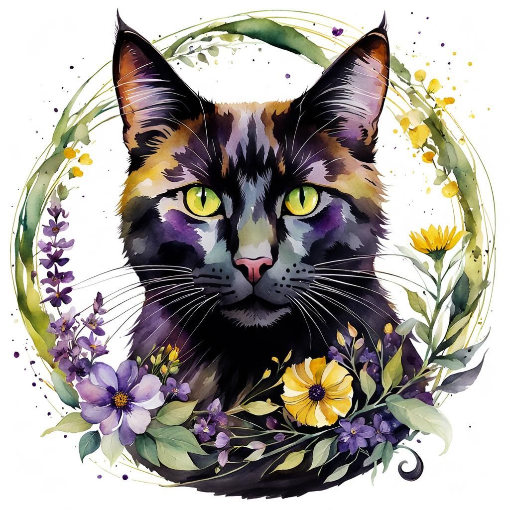 Whimsical Cat Portrait with Spiraling Wildflowers