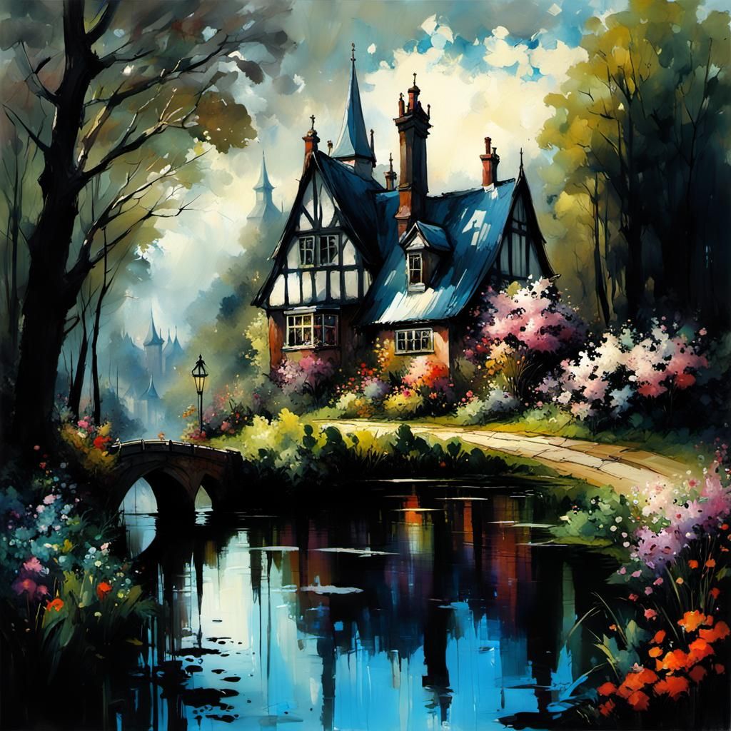 Gothic Village and Garden in Impressionist Style