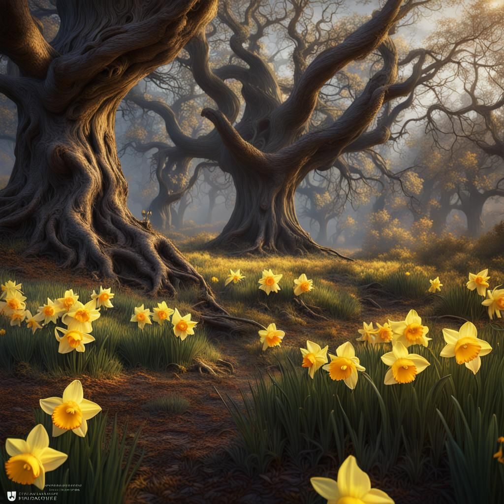 Daffodils Bloom: Detailed Matte Painting in Fantasy Style