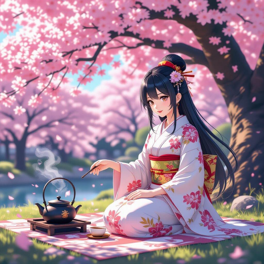 Anime Style Tea Ceremony Under Cherry Tree