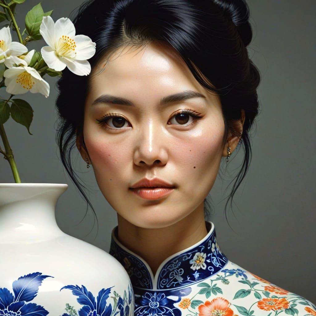 Modern Korean Woman Paints Porcelain Vase Photorealistically