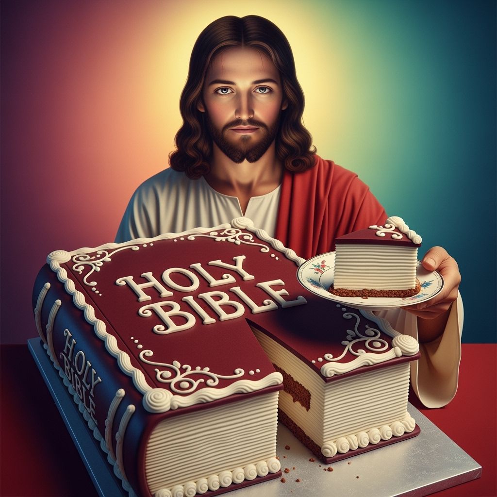 Jesus Christ Offers a Slice of Holy Bible Cake