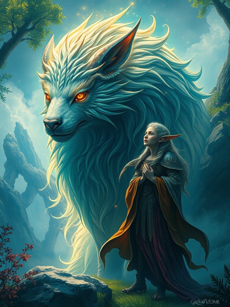 Majestic Animal and Elf in Dreamlike Fantasy Art