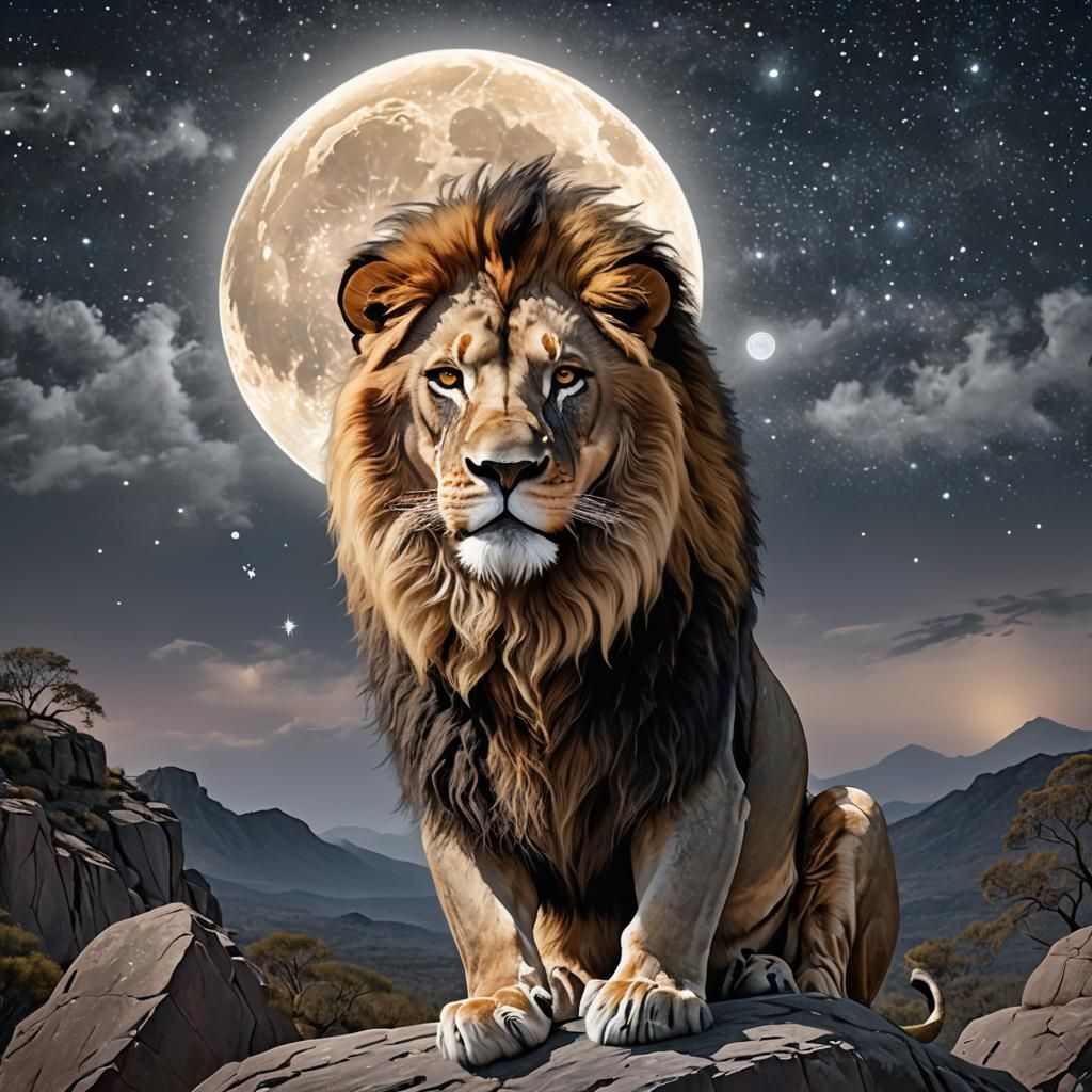 Majestic Lion Under Starry Night Sky