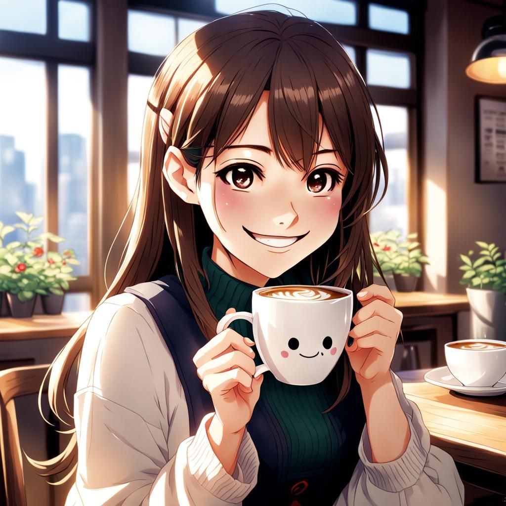 Anime Girl with Coffee Cup in Manga Style