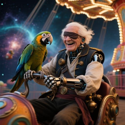Cyborg Pirate Captain Rides Carnival Through Nebula
