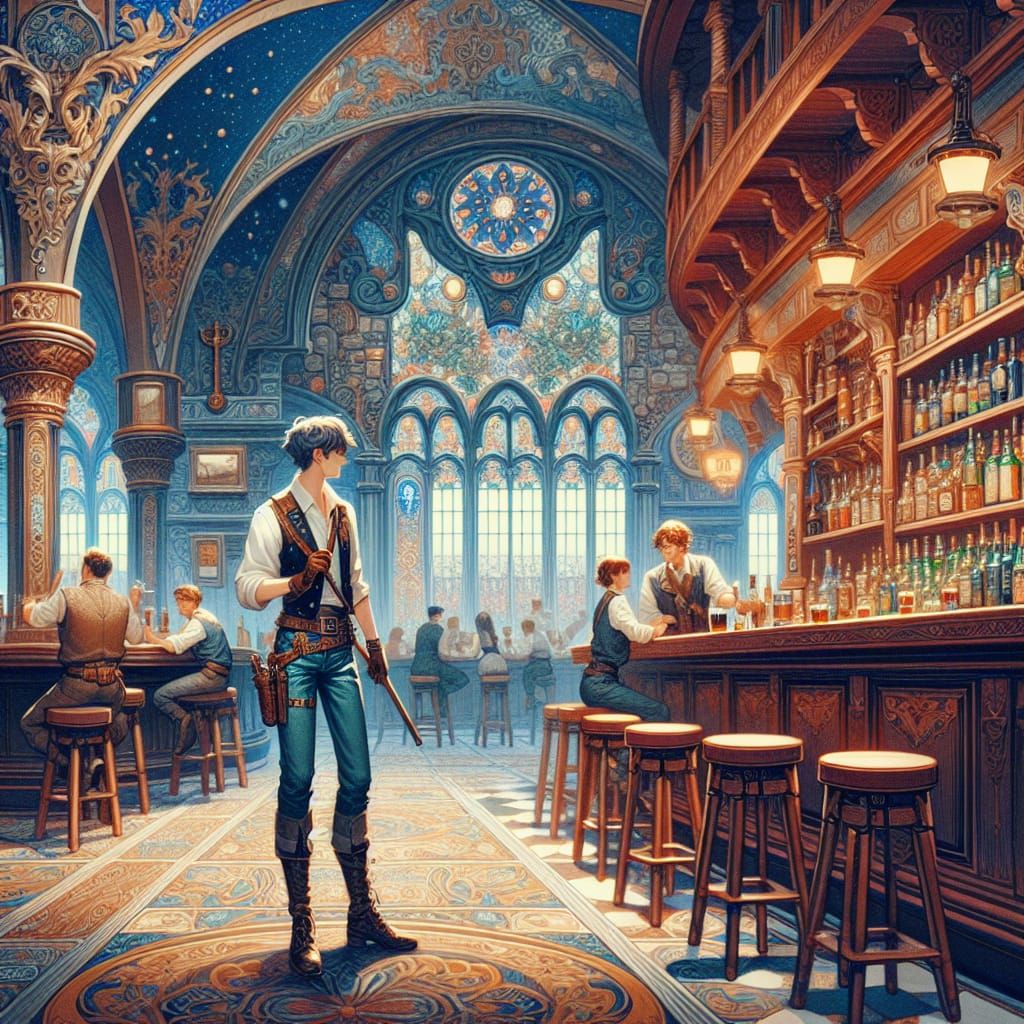 Elegant Bartender in Fantasy Tavern, Matte Painting