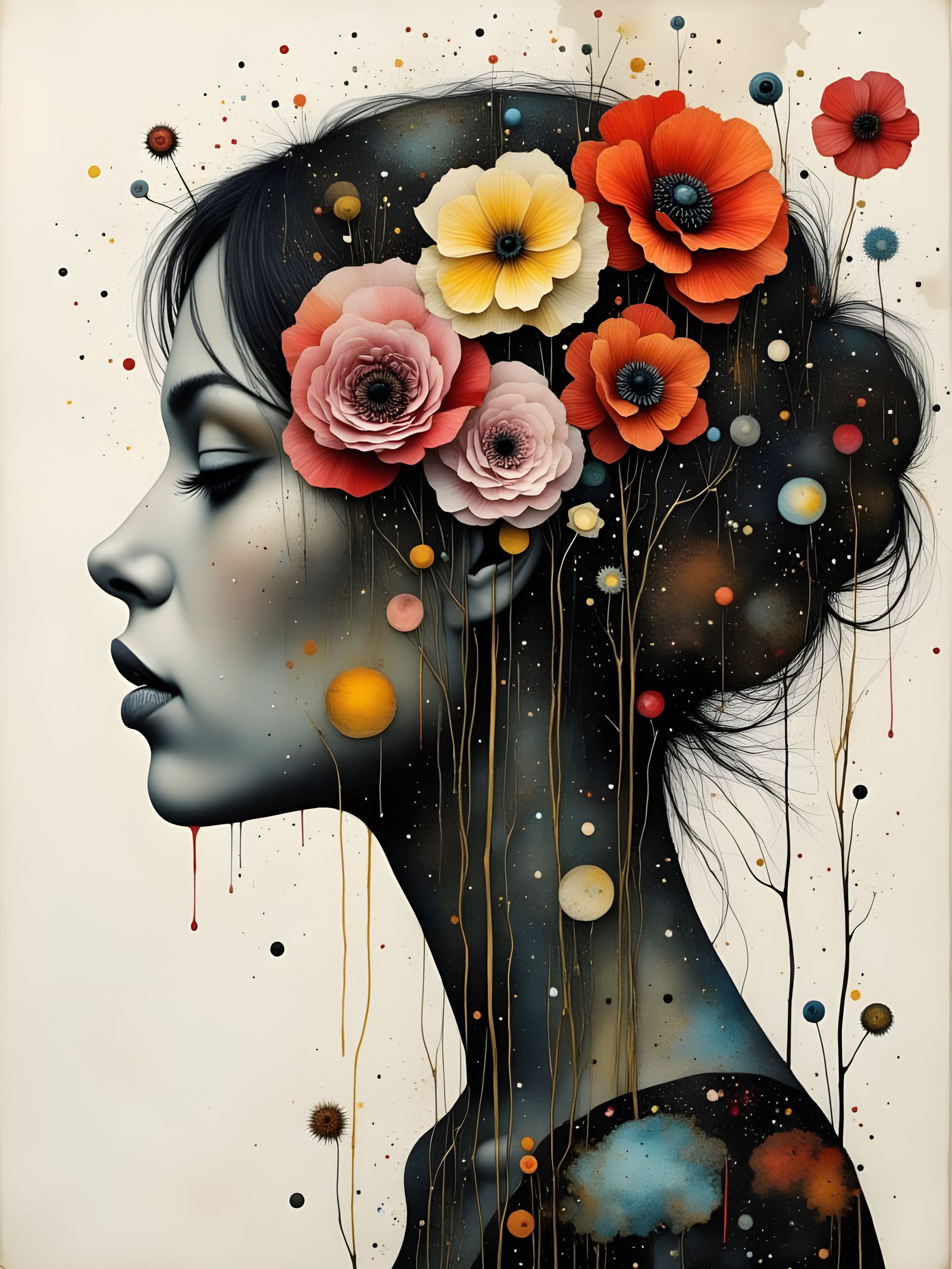 Woman Profile with Flowers in Mixed-Media Collage