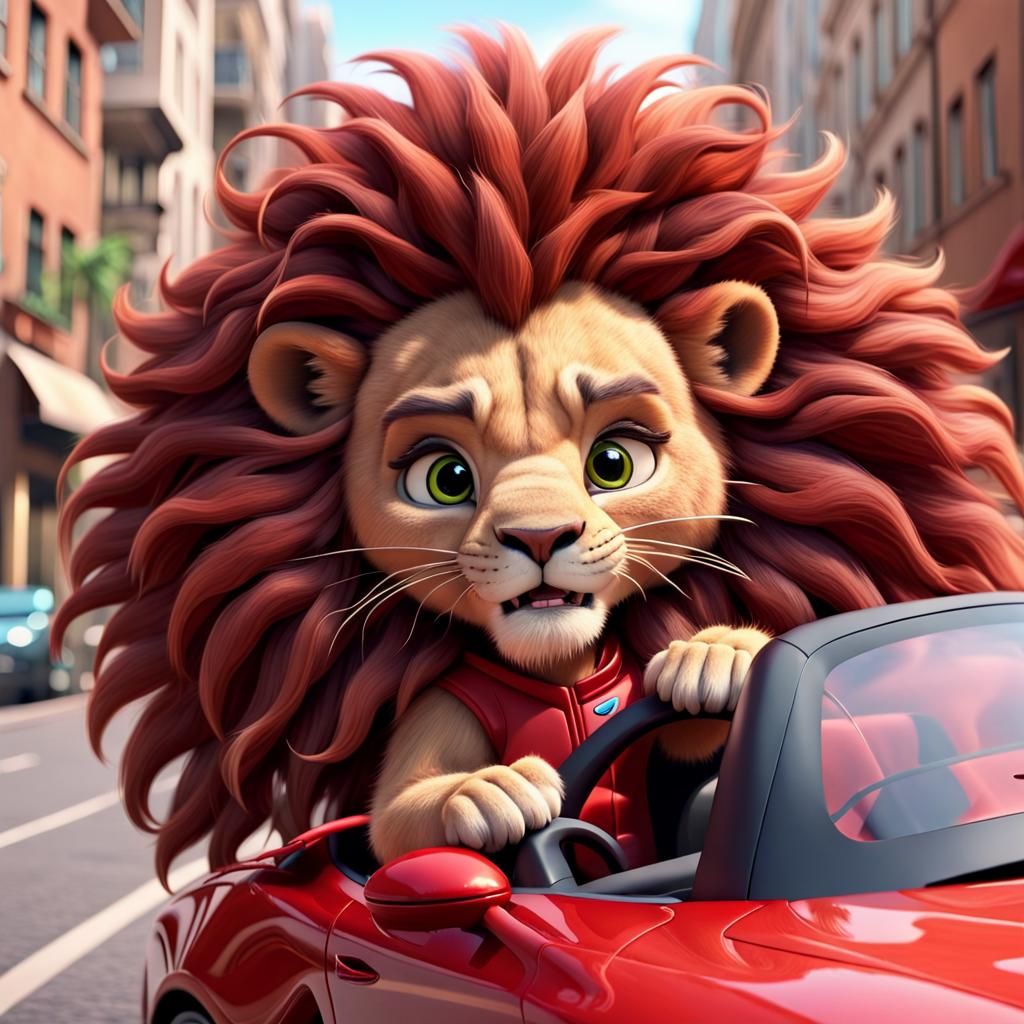 Cartoon Lion Drives Sports Car in City