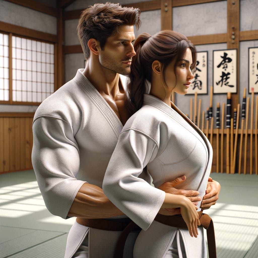 Fit Couple Focuses on Martial Arts Technique in Serene Dojo