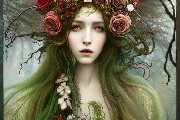 Forest Goddess Portrait in Art Nouveau Style