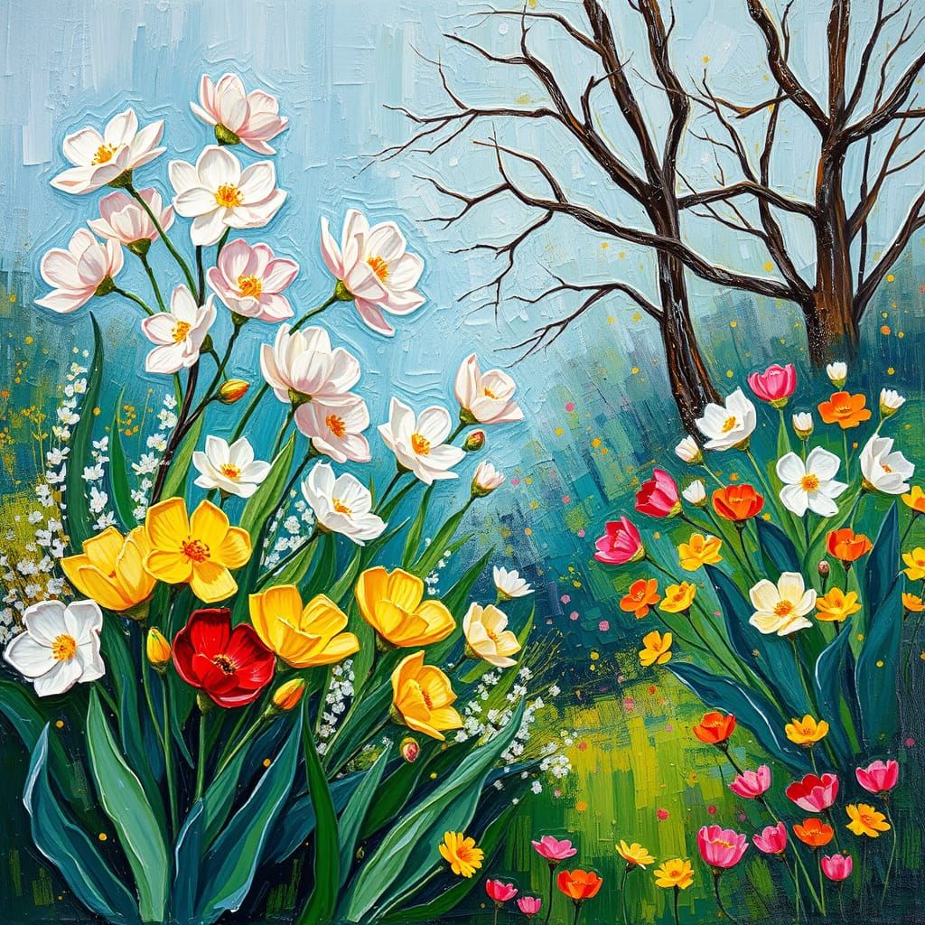 Vibrant Spring Garden Blooms in Neo-Impressionist Style