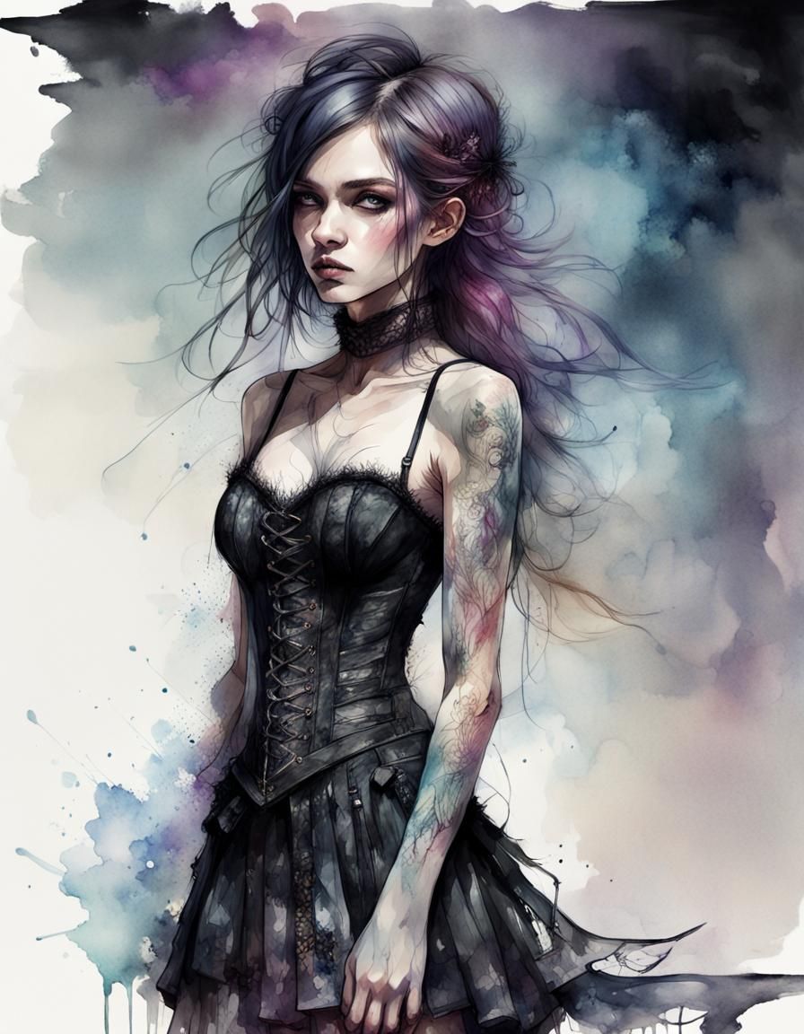 Goth Woman Portrait in Digital Watercolor Style