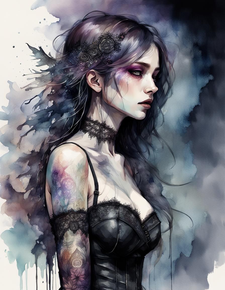 Gothic Woman Portrait in Digital Watercolor Style