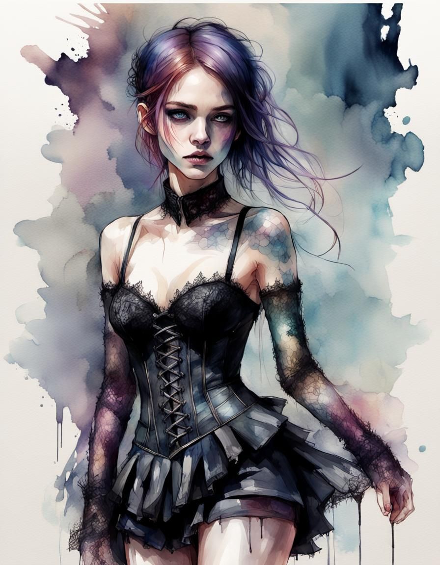 Gothic Woman in Digital Watercolor Illustration