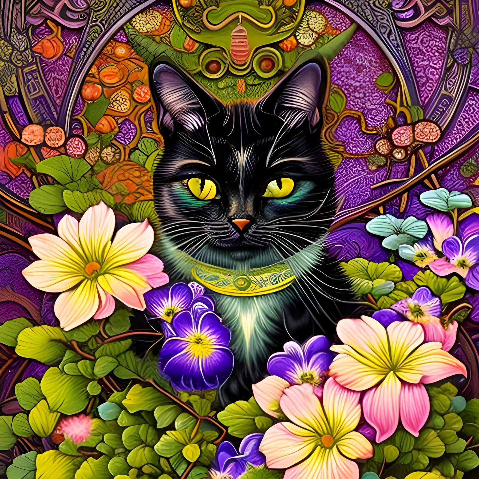 Ornate Chibi Cat in Detailed Floral Branchpunk Style